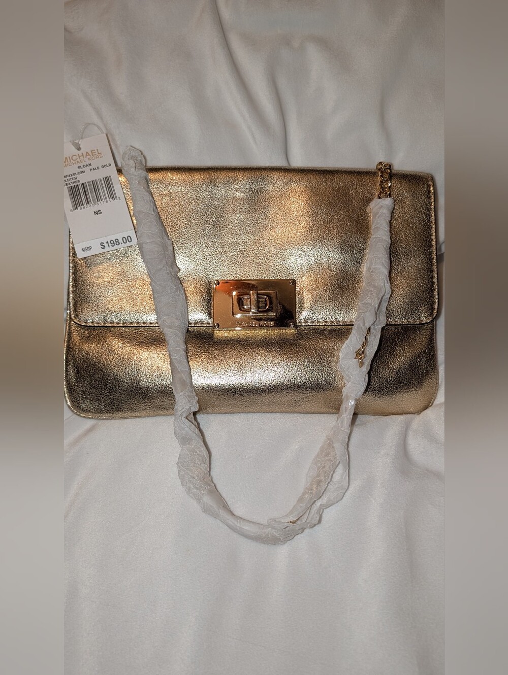 MICHAEL Michael Kors Sloan Pale Gold Leather Clutch NWT Flaws